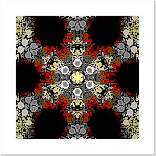 Dot Mandala Flower Red Yellow and Grey Wall Art by WormholeOrbital